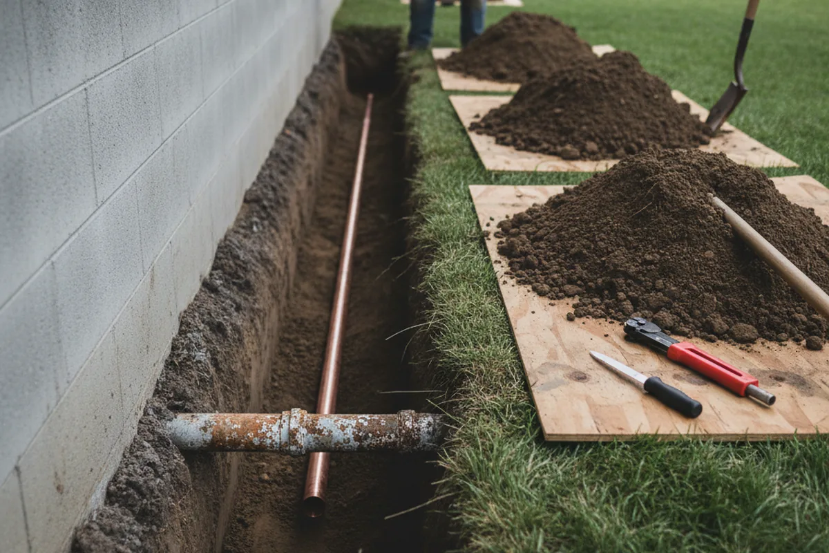 Excavated water line trench during Sewer Line Repair in Alto Pass